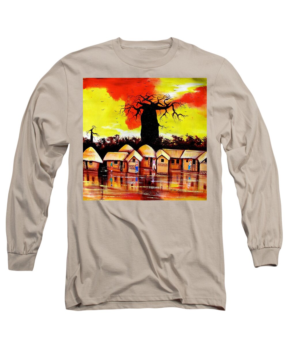 Appiah Ntiaw Long Sleeve T-Shirt featuring the painting Baobab Village by Appiah Ntiaw