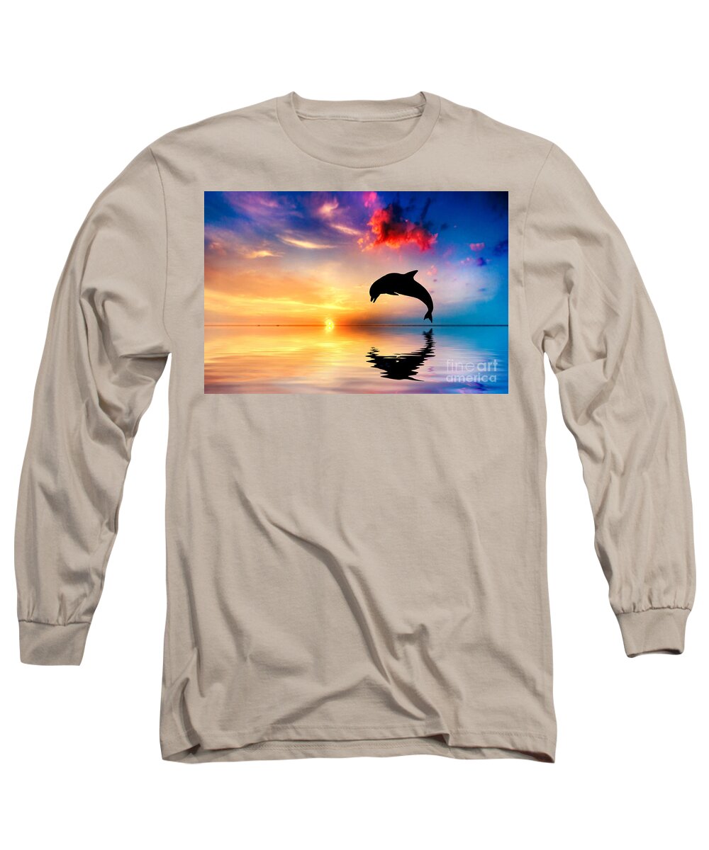 Sea Long Sleeve T-Shirt featuring the photograph Beautiful ocean and sunset with dolphin jumping by Michal Bednarek