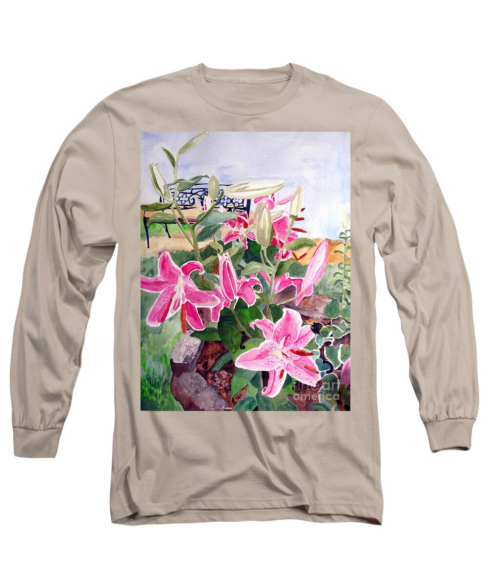 Lily Long Sleeve T-Shirt featuring the painting Bench on a Hill by Sandy McIntire