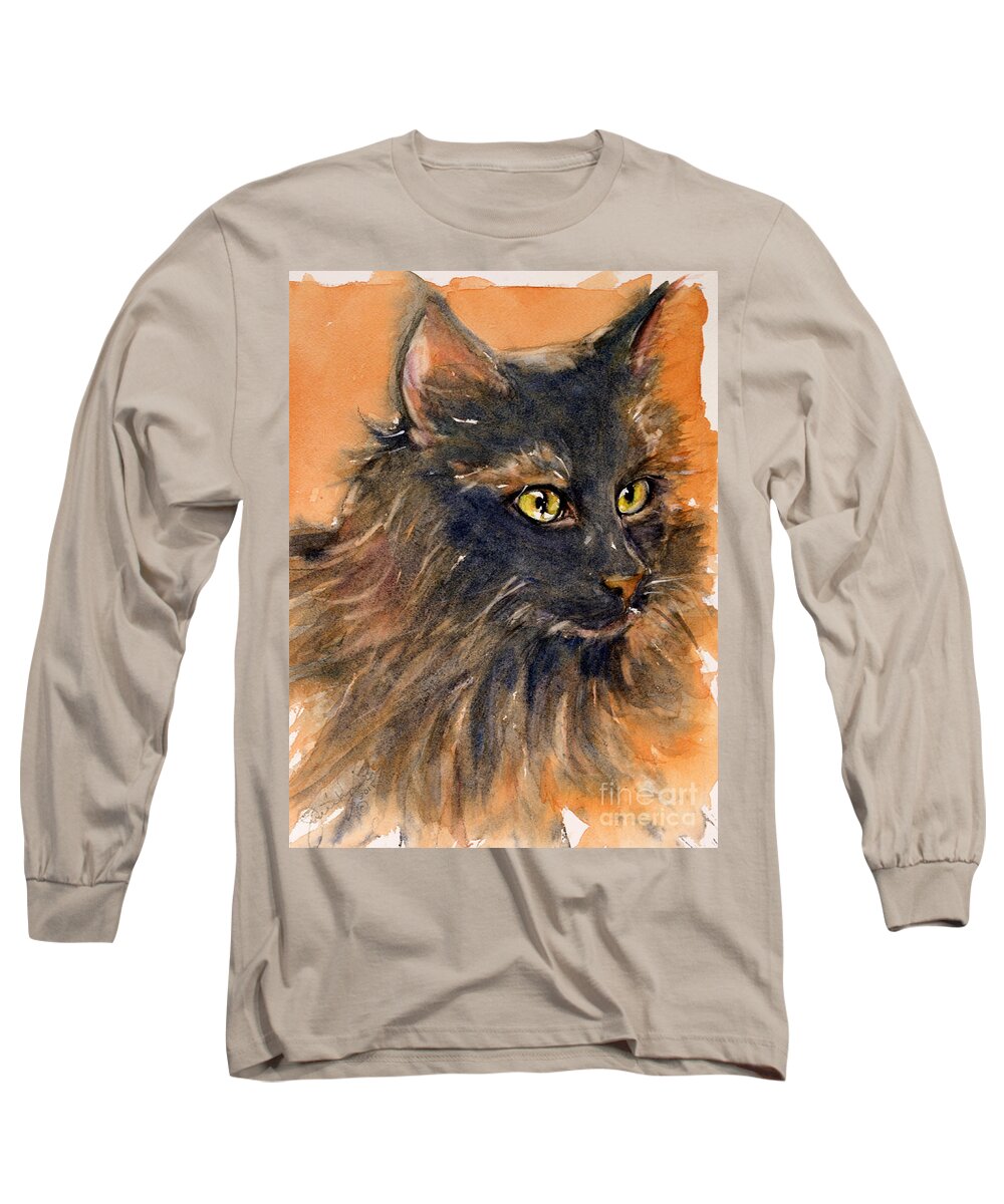 Cat Long Sleeve T-Shirt featuring the painting Black Cat by Judith Levins