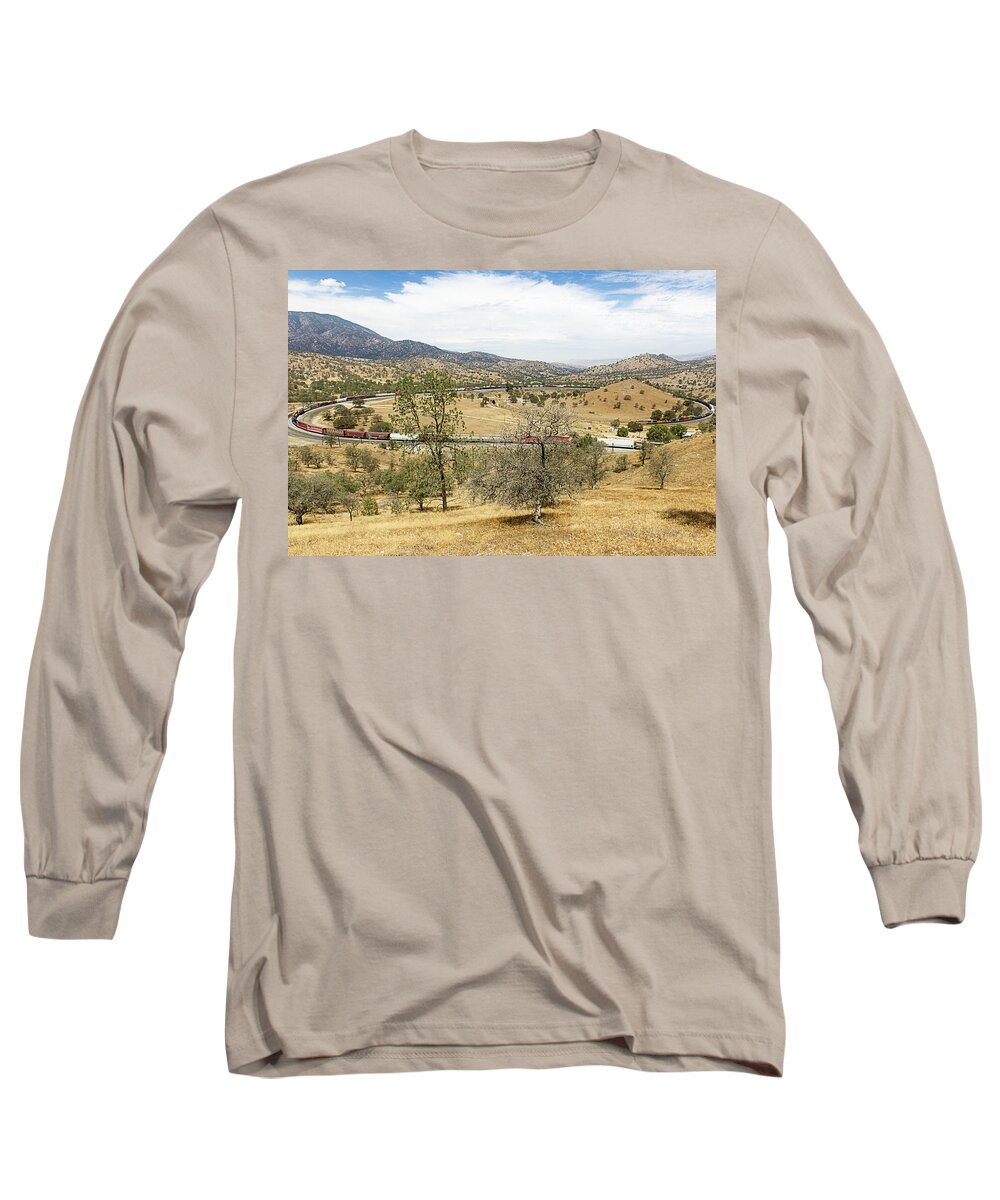 Bnsf Long Sleeve T-Shirt featuring the photograph BNSF4604 Manifest westbound in the Tehachapi Loop. by Jim Thompson