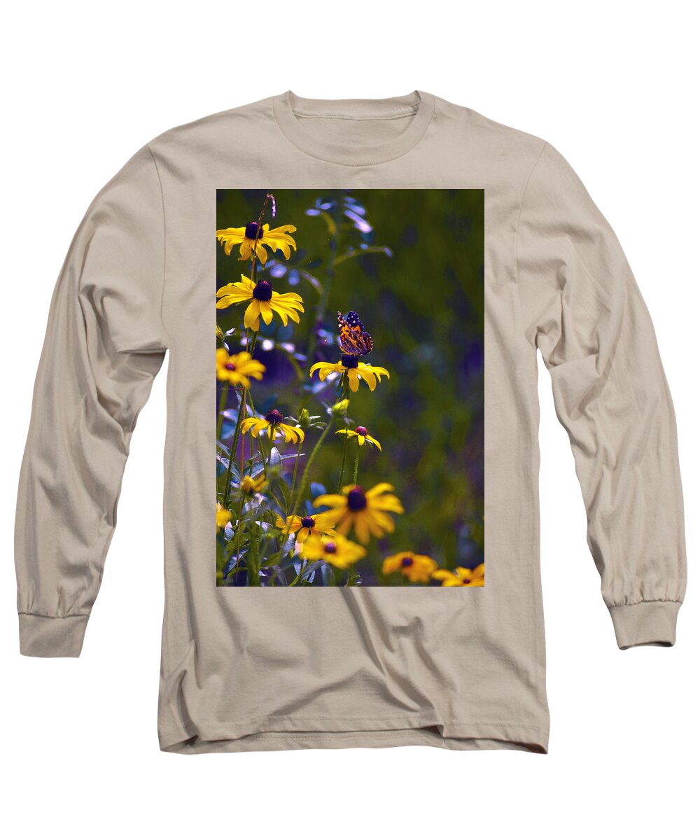 Wildflowers And Butterflies Long Sleeve T-Shirt featuring the digital art Butterfly On Black Eyed Susans by Pamela Smale Williams