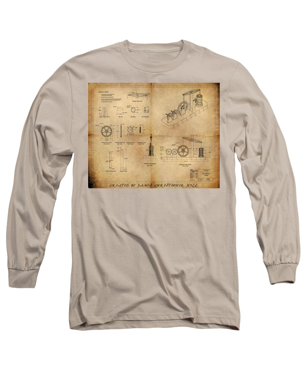 Steampunk; Gears; Housing; Cogs; Machinery; Lathe; Columns; Brass; Copper; Gold; Ratio; Rotation; Elegant; Forge; Industry; Jules Verne Long Sleeve T-Shirt featuring the painting Butterfly Pump by James Hill