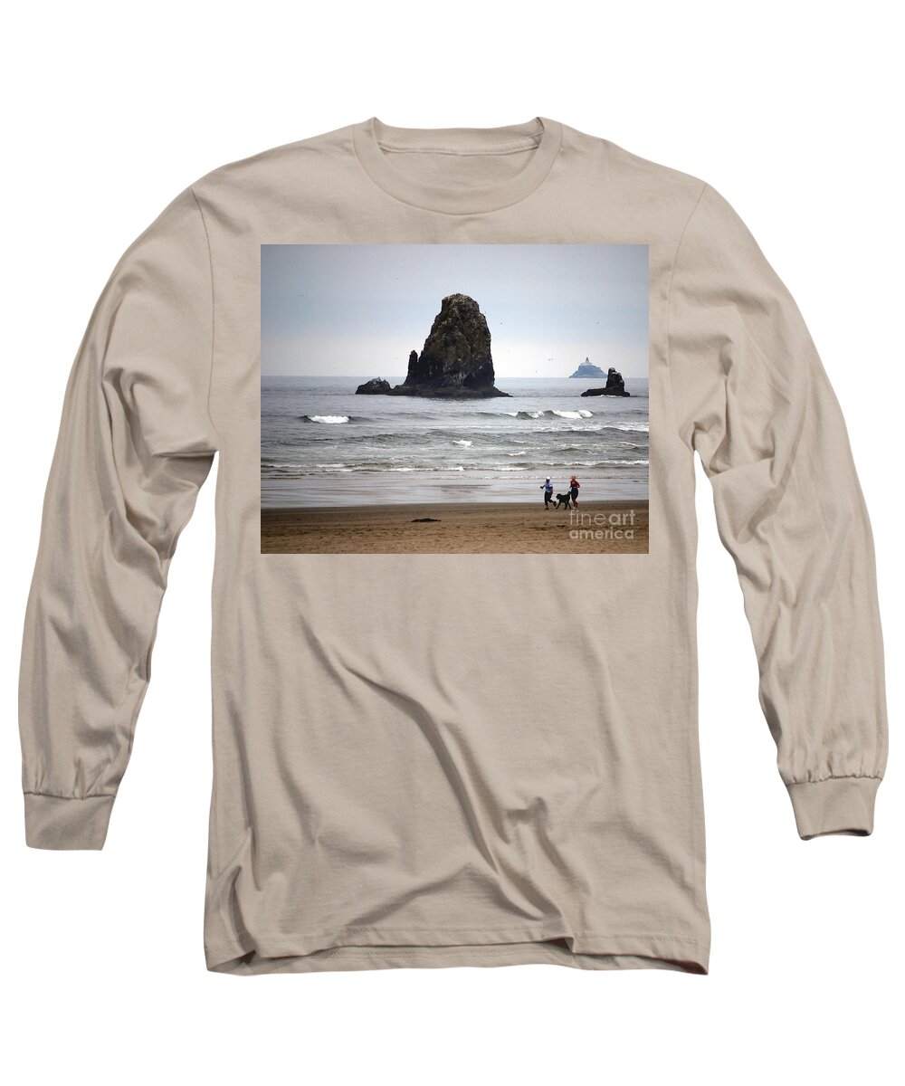 Cannon Beach Long Sleeve T-Shirt featuring the photograph Cannon Beach Run by Sharon Elliott