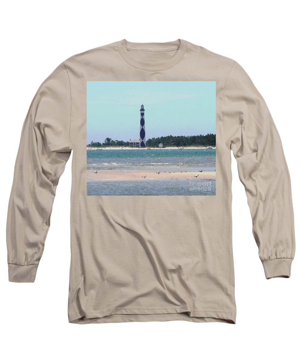 Lighthouse Long Sleeve T-Shirt featuring the photograph Cape Lookout and Seagulls by Cathy Lindsey