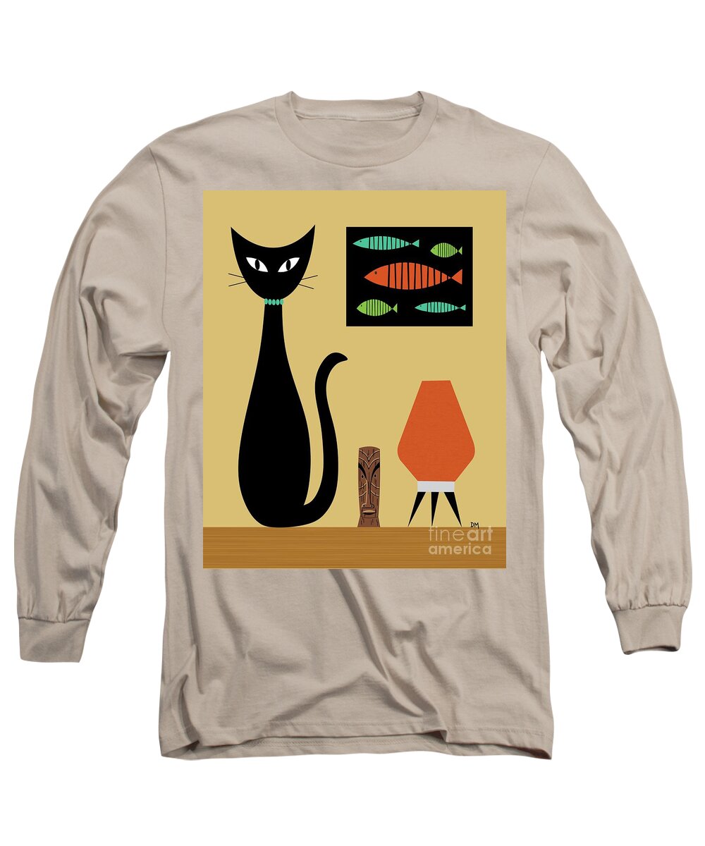 Mid Century Modern Long Sleeve T-Shirt featuring the digital art Cat on Tabletop by Donna Mibus