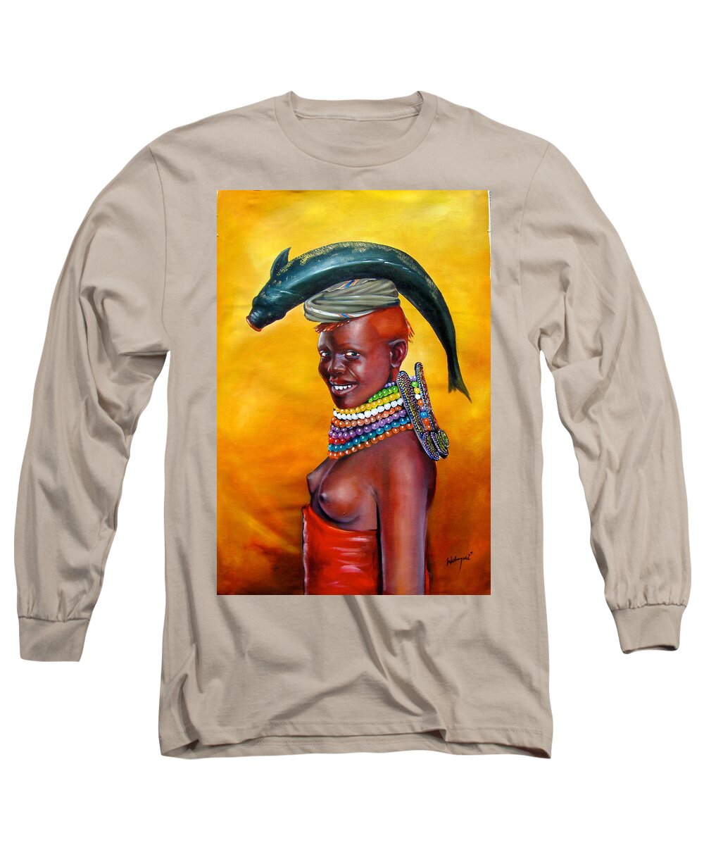 African Paintings Long Sleeve T-Shirt featuring the painting Catch of the Day by Chagwi