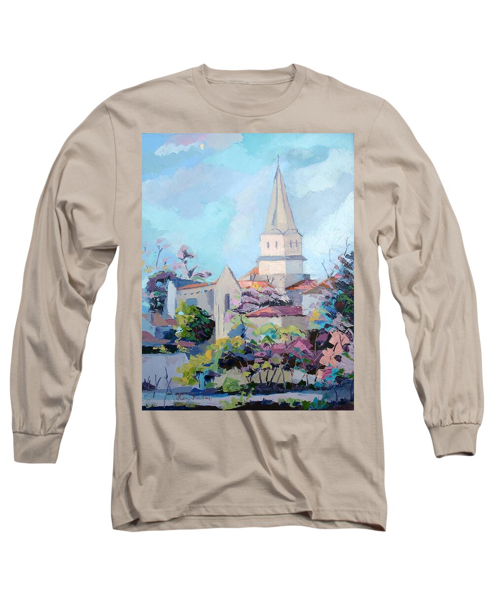 Church Long Sleeve T-Shirt featuring the painting Church at Charmant en Charente by Kim PARDON