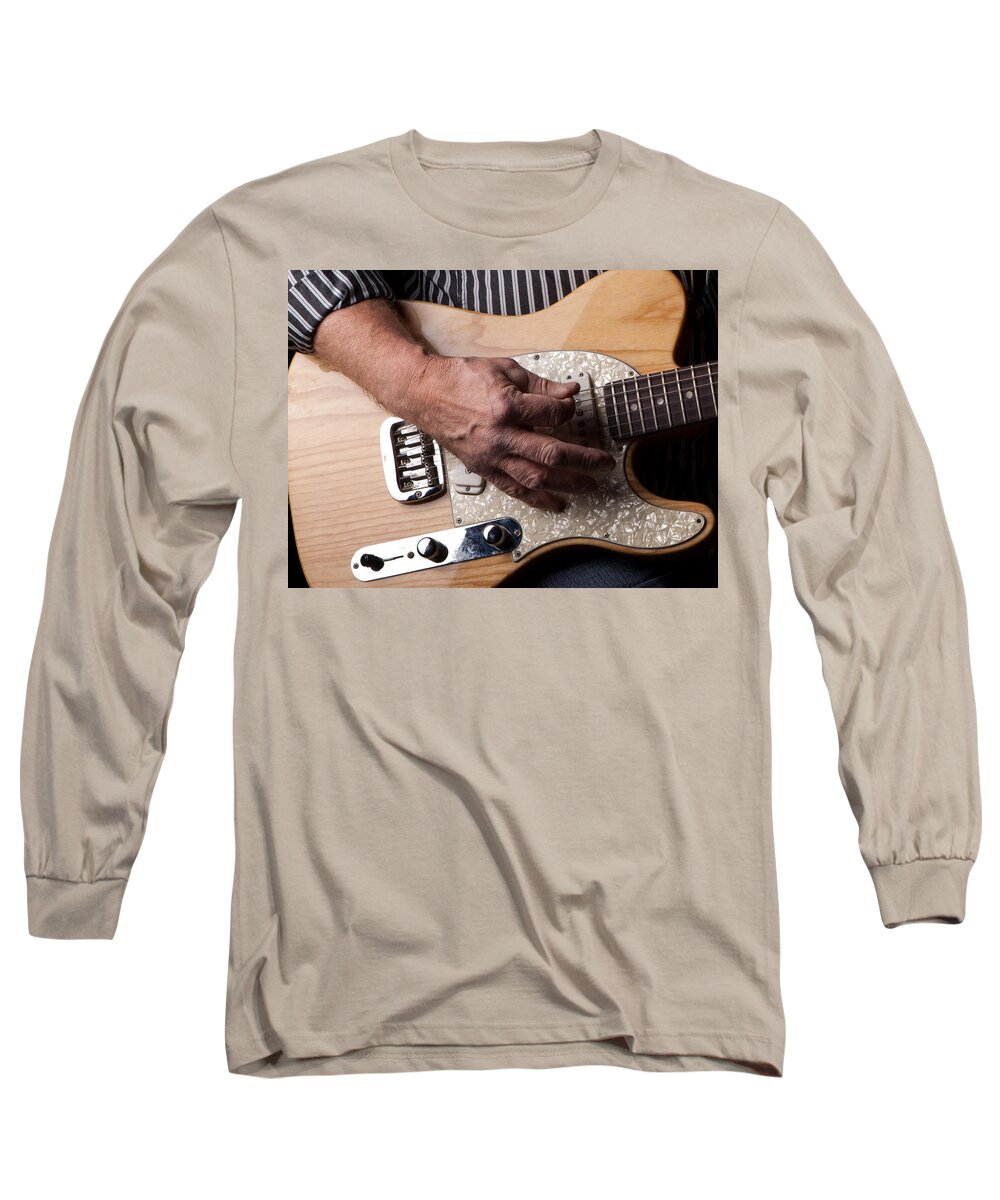 Band Long Sleeve T-Shirt featuring the photograph Close up shot of a man playing an electric gutair by Kyle Lee