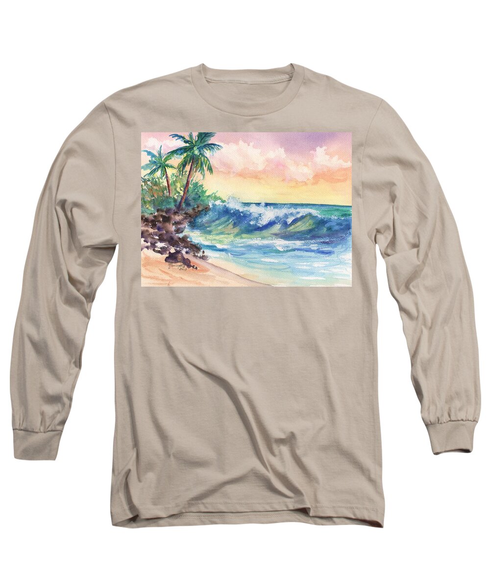 Ocean Waves Long Sleeve T-Shirt featuring the painting Crashing Waves at Sunrise by Marionette Taboniar