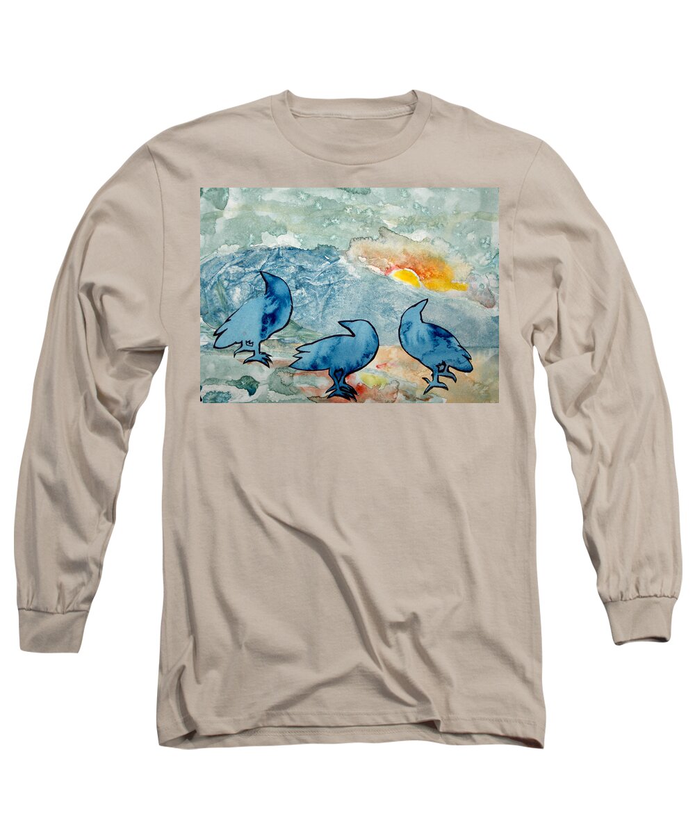 Crow Long Sleeve T-Shirt featuring the painting Crow Series 4 by Helen Klebesadel