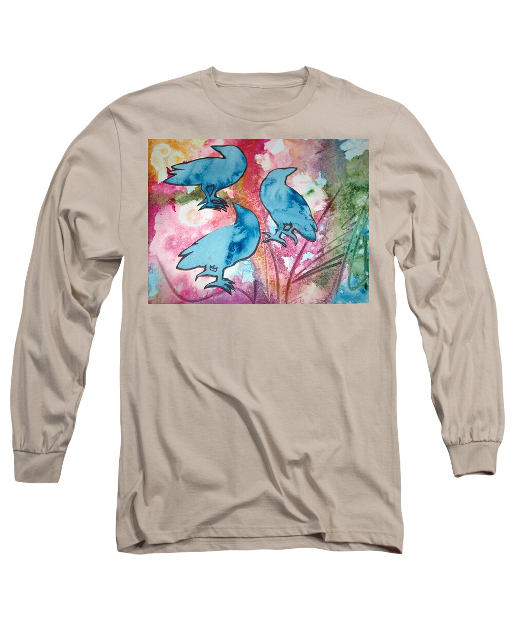 Long Sleeve T-Shirt featuring the painting Crow Series 2 by Helen Klebesadel