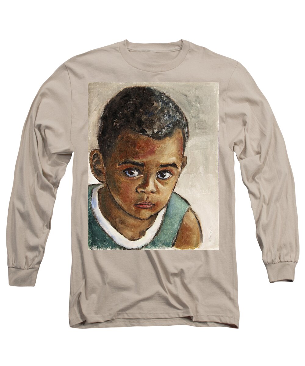 Boy Long Sleeve T-Shirt featuring the painting Curious Little Boy by Xueling Zou
