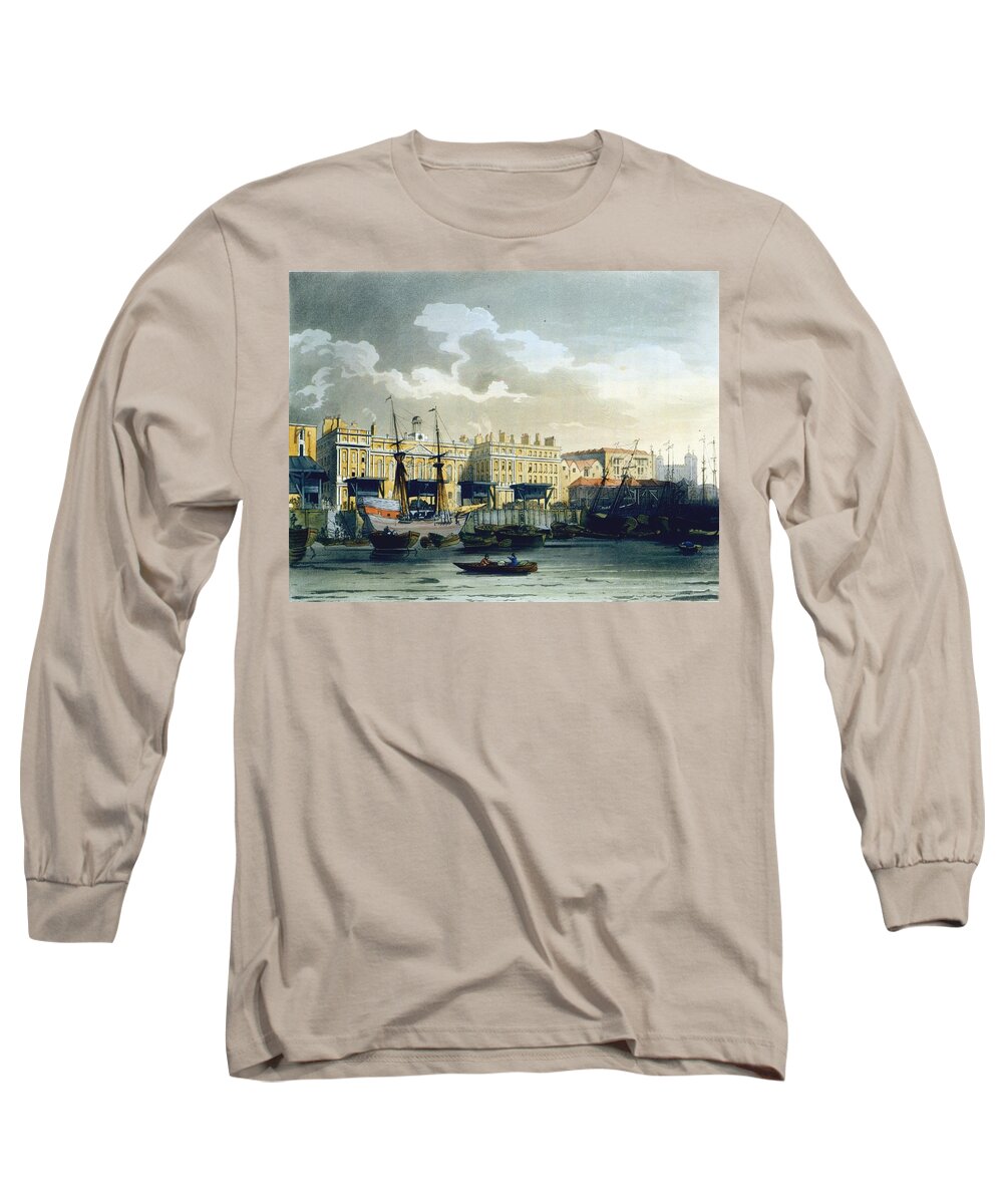Dock Long Sleeve T-Shirt featuring the drawing Custom House From The River Thames by T. & Pugin, A.C. Rowlandson