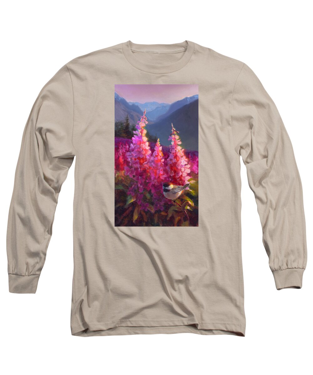 Alaska Art Long Sleeve T-Shirt featuring the painting Eagle River Summer Chickadee and Fireweed Alaskan Landscape by K Whitworth