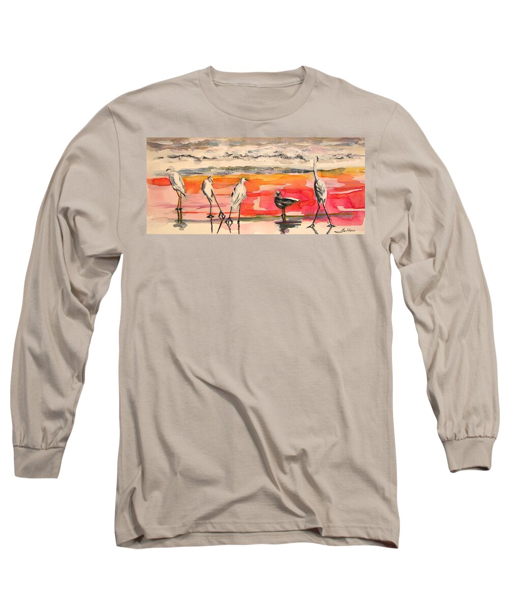 Watercolors Long Sleeve T-Shirt featuring the painting Egrets And Sea Gull At Sunrise 11-5-14 by Julianne Felton