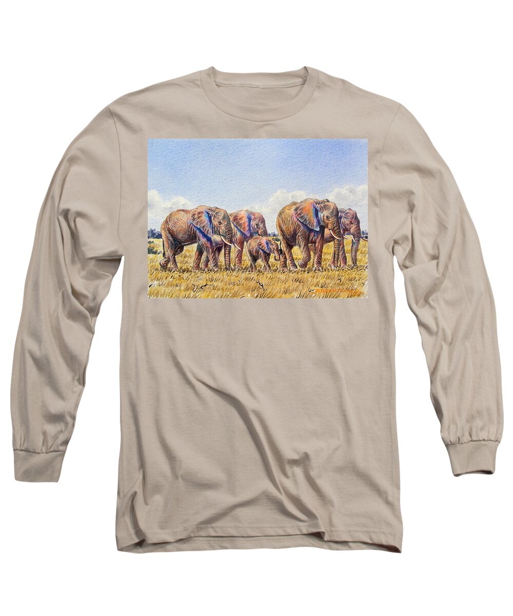 African Paintings Long Sleeve T-Shirt featuring the painting Elephants Walking by Joseph Thiongo