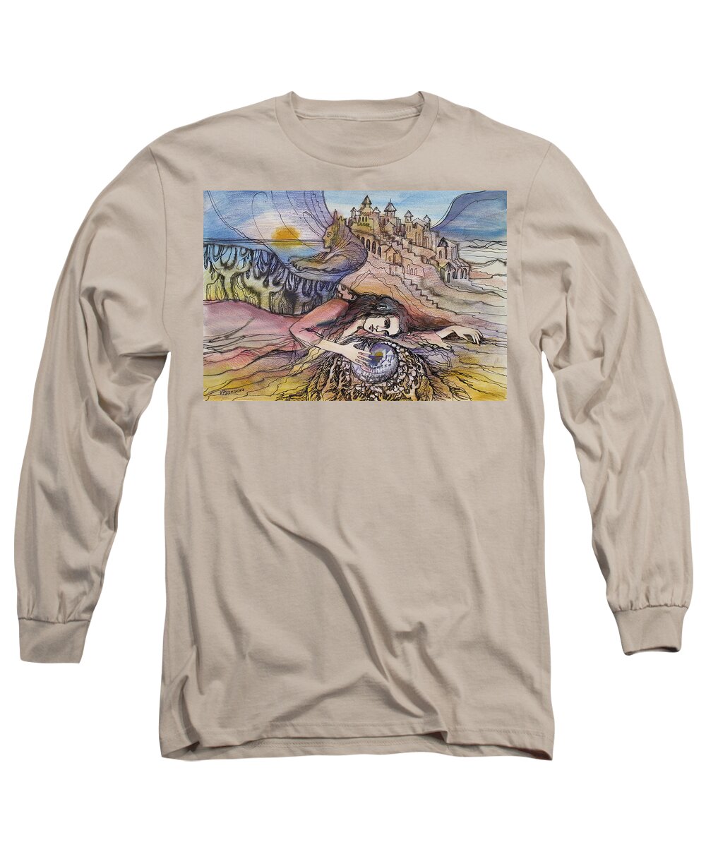Fantasy Long Sleeve T-Shirt featuring the painting Envisioned City by Valentina Plishchina