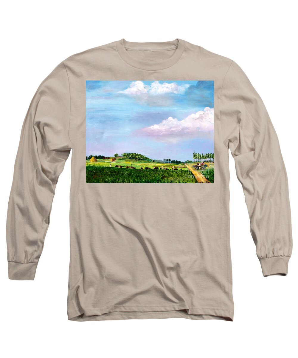 Painted Farm Long Sleeve T-Shirt featuring the painting Fields by Sarabjit Singh