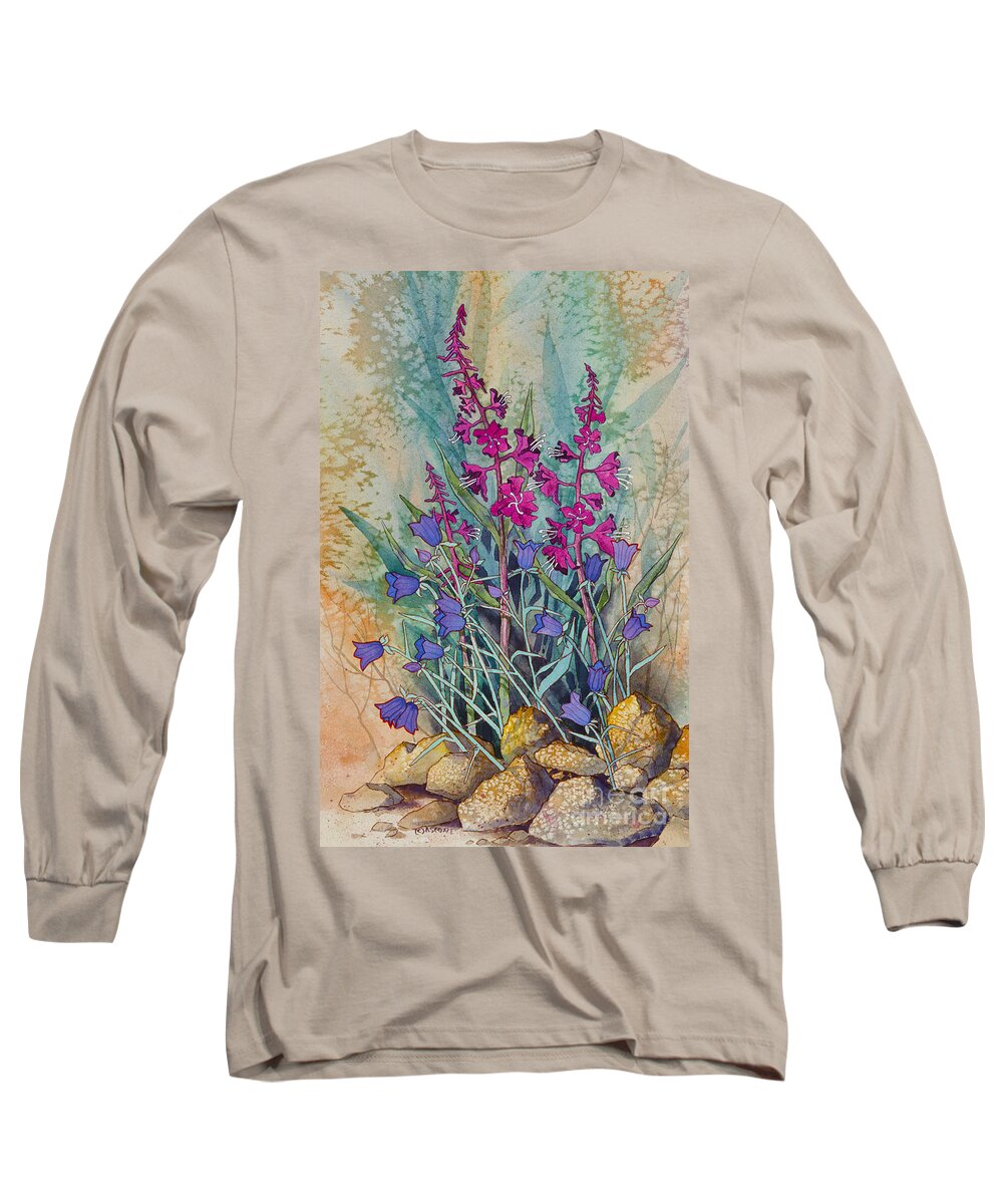 Fireweed And Bluebells Long Sleeve T-Shirt featuring the painting Fireweed and Bluebells by Teresa Ascone