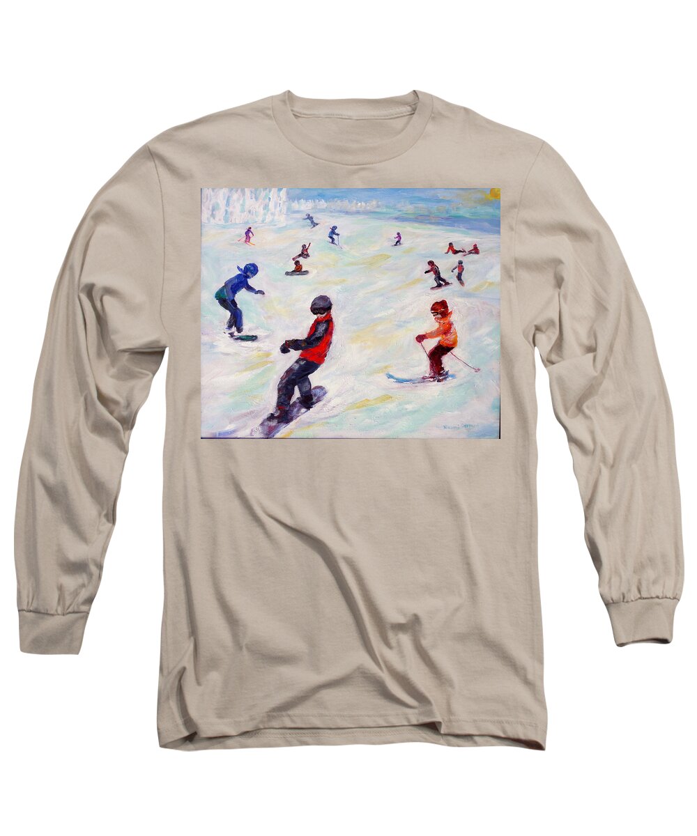 Kids Skiing Long Sleeve T-Shirt featuring the painting Fresh Mountain Air and Friends by Naomi Gerrard