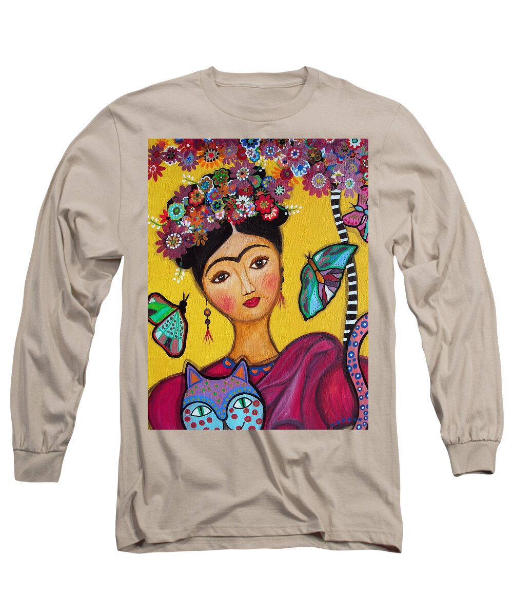 Frida Long Sleeve T-Shirt featuring the painting Frida Kahlo and her Cat by Pristine Cartera Turkus