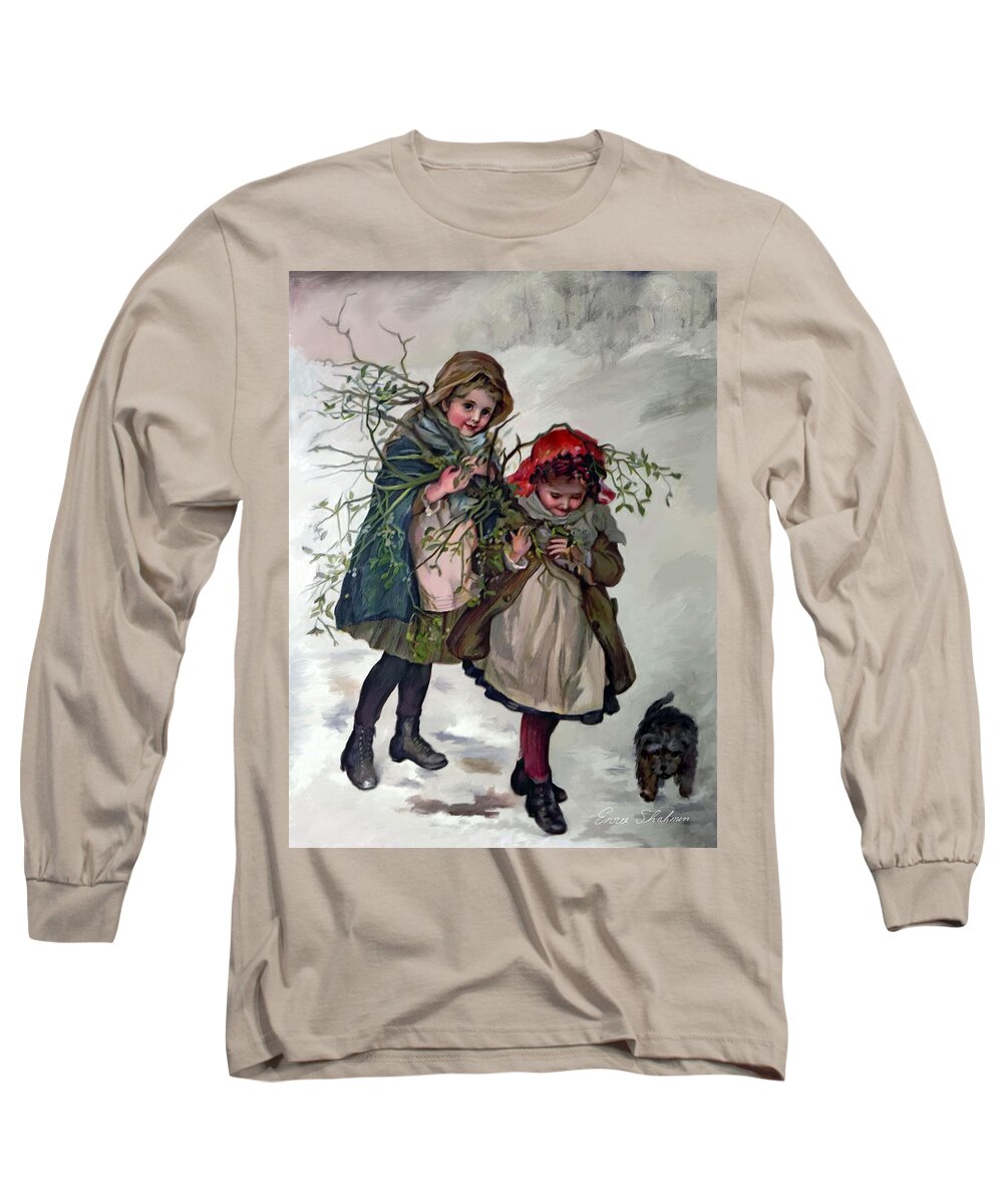 Mistletoe Long Sleeve T-Shirt featuring the painting Gathering Mistletoe by Portraits By NC