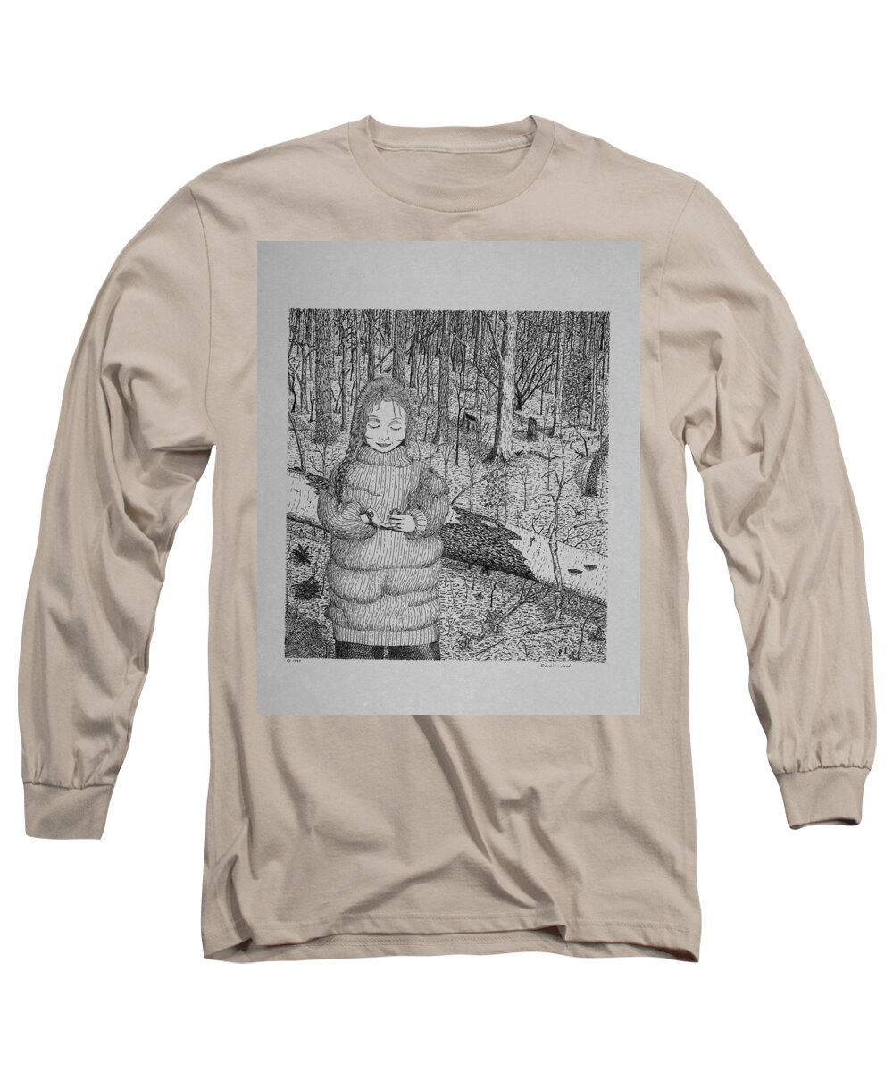 Girl Long Sleeve T-Shirt featuring the drawing Girl In The Forest by Daniel Reed