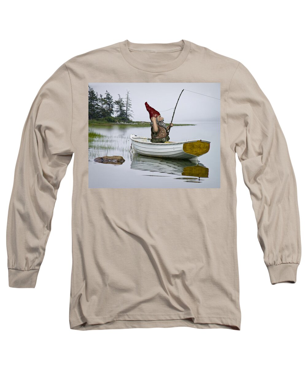 White Boat Long Sleeve T-Shirt featuring the photograph Gnome Fisherman in a White Maine Boat on a Foggy Morning by Randall Nyhof