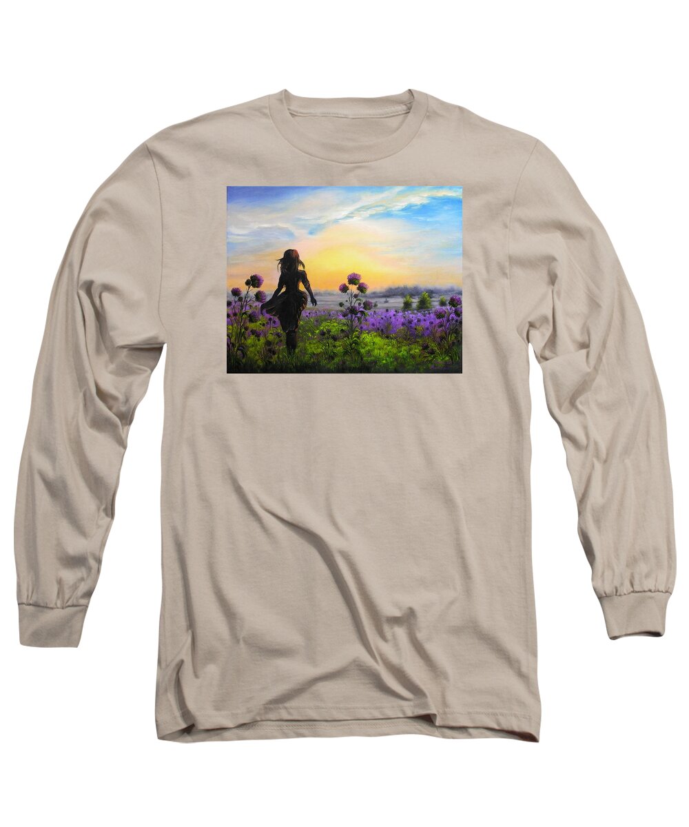 Landscapes Long Sleeve T-Shirt featuring the painting Golden surrender by Vesna Martinjak