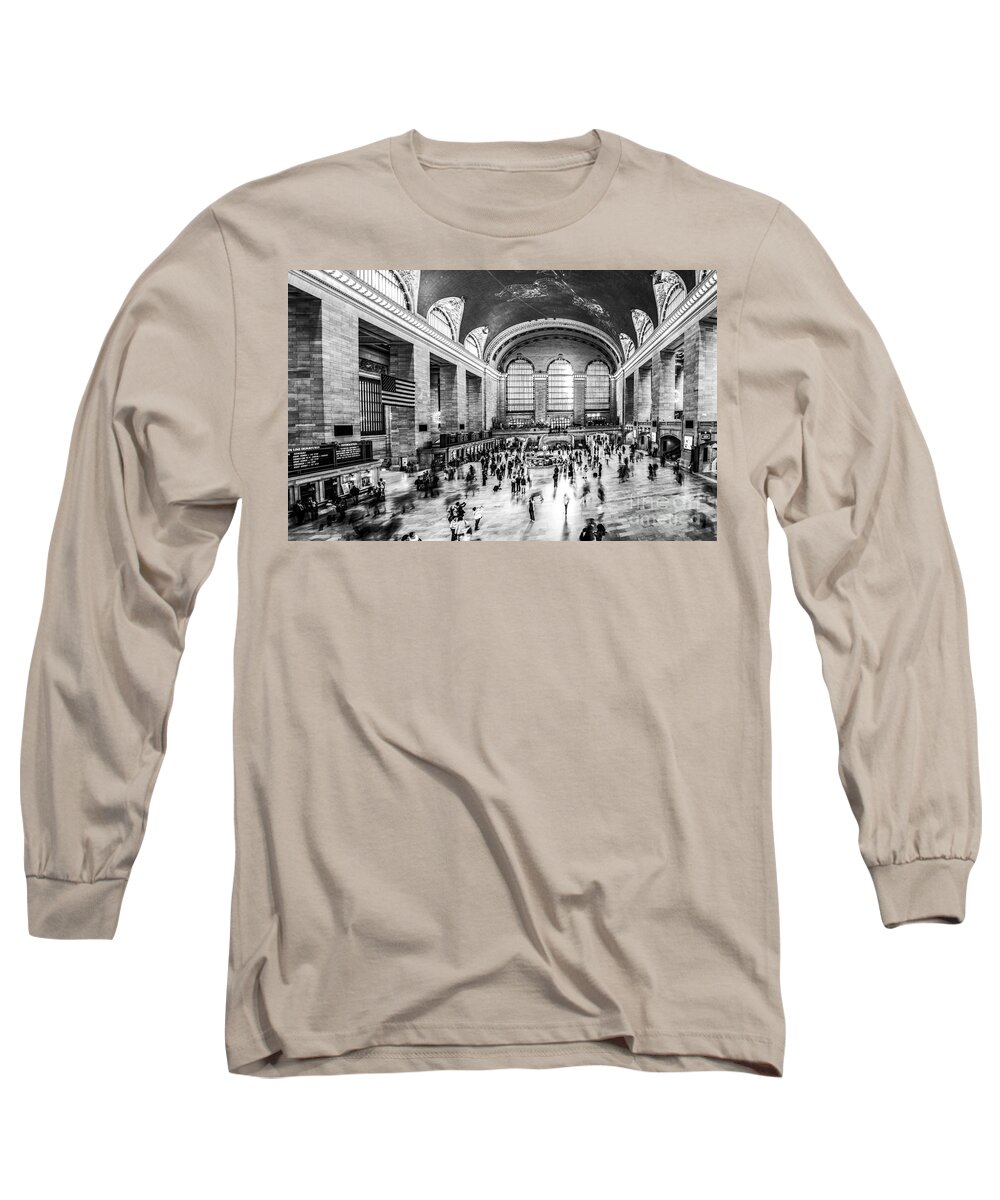 Nyc Long Sleeve T-Shirt featuring the photograph Grand Central Station -pano bw by Hannes Cmarits
