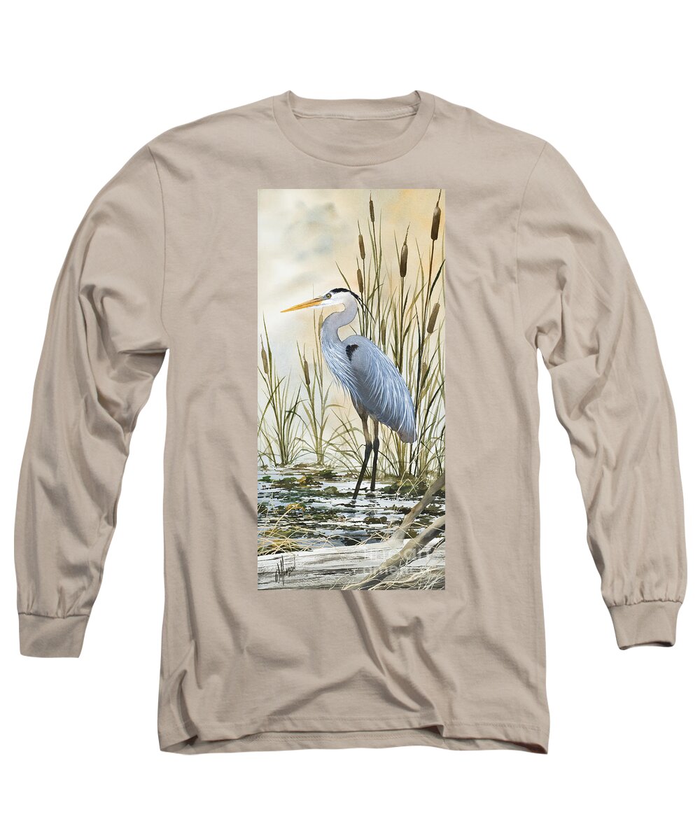 Heron Limited Edition Prints Long Sleeve T-Shirt featuring the painting Heron and Cattails by James Williamson