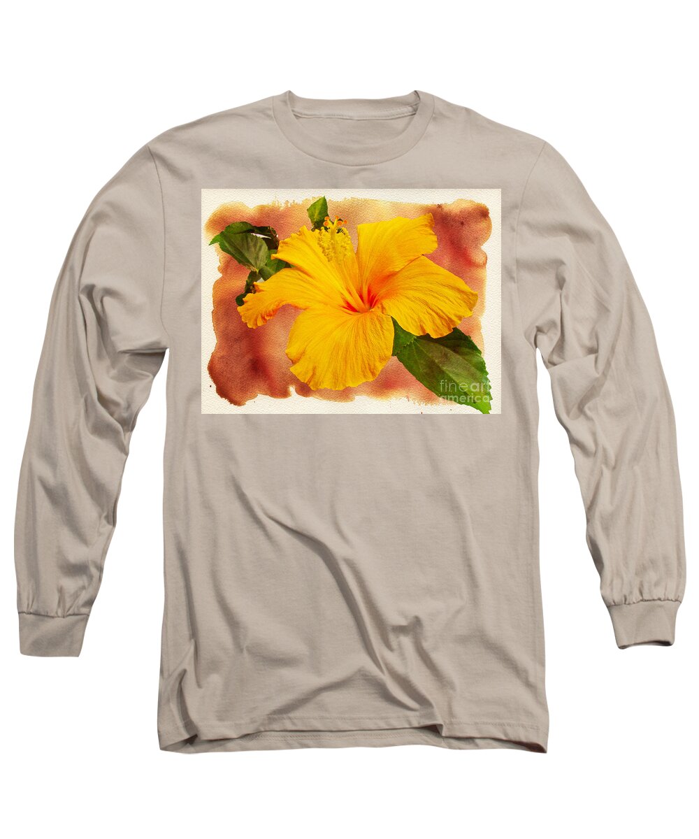 Hibiscus Long Sleeve T-Shirt featuring the photograph Hibiscus - Mango Sunshine by Carol Senske