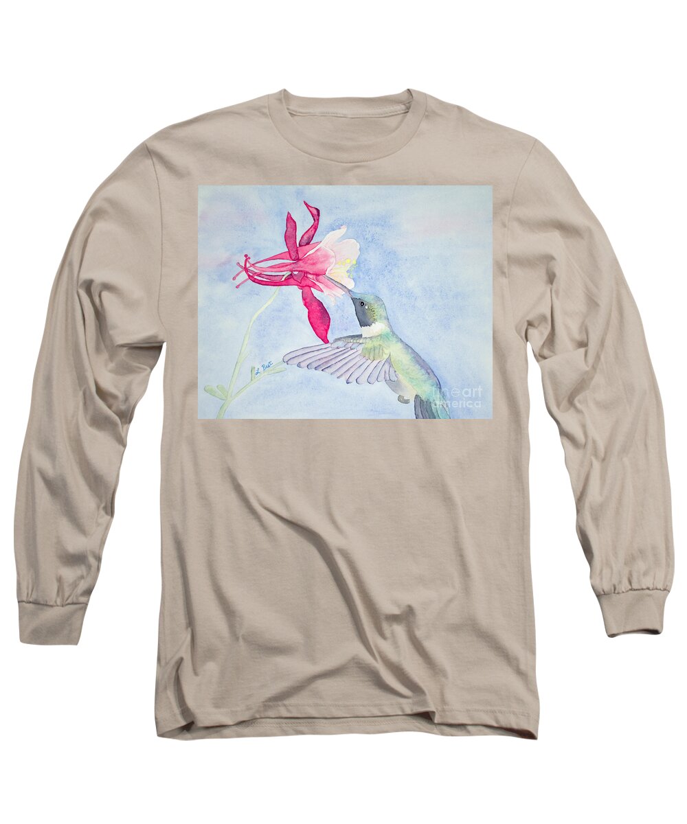 Ruby-throated Long Sleeve T-Shirt featuring the painting Hummingbird and Columbine by Laurel Best