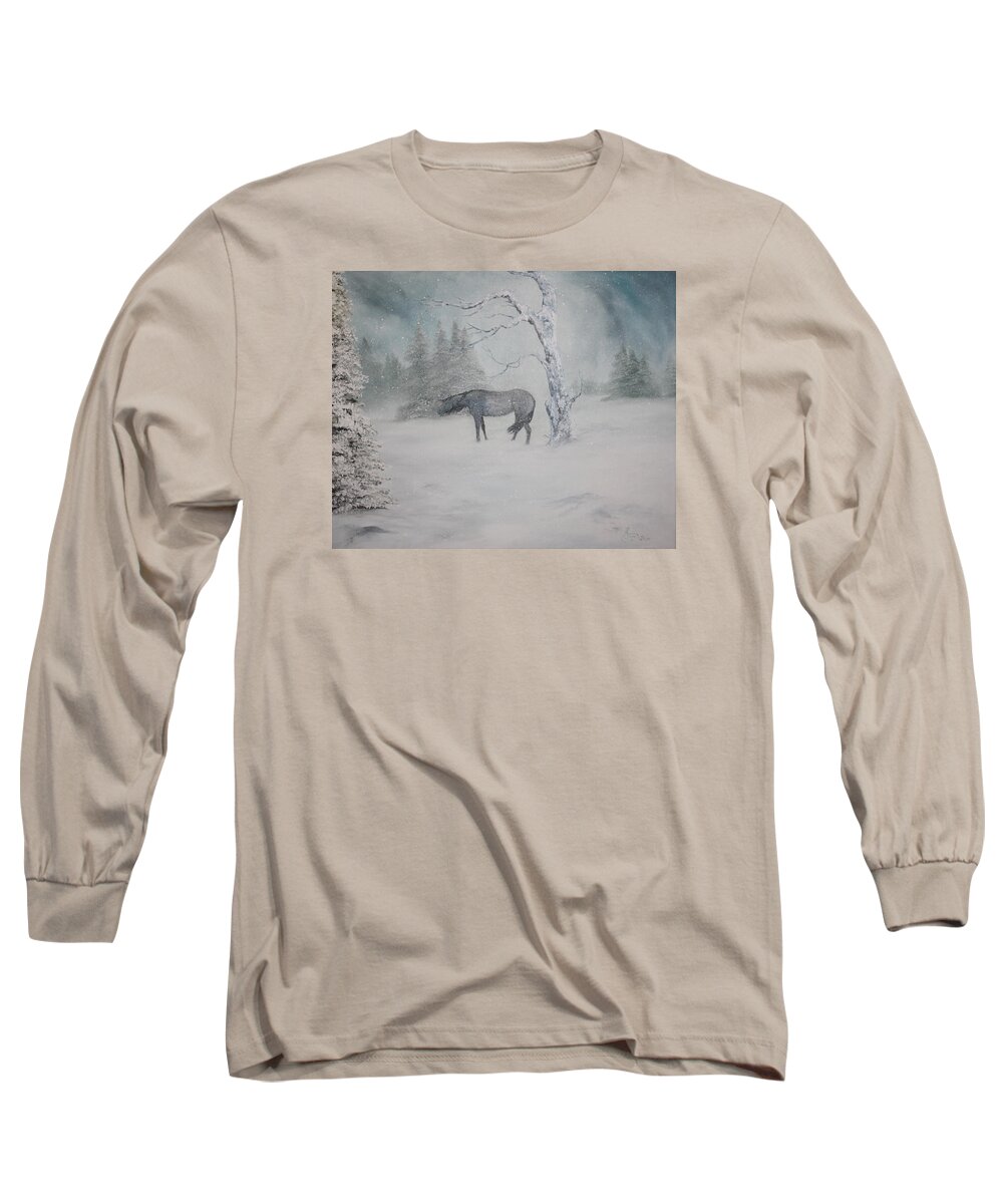 Grey Horse Long Sleeve T-Shirt featuring the painting In Need of Shelter by Jean Walker