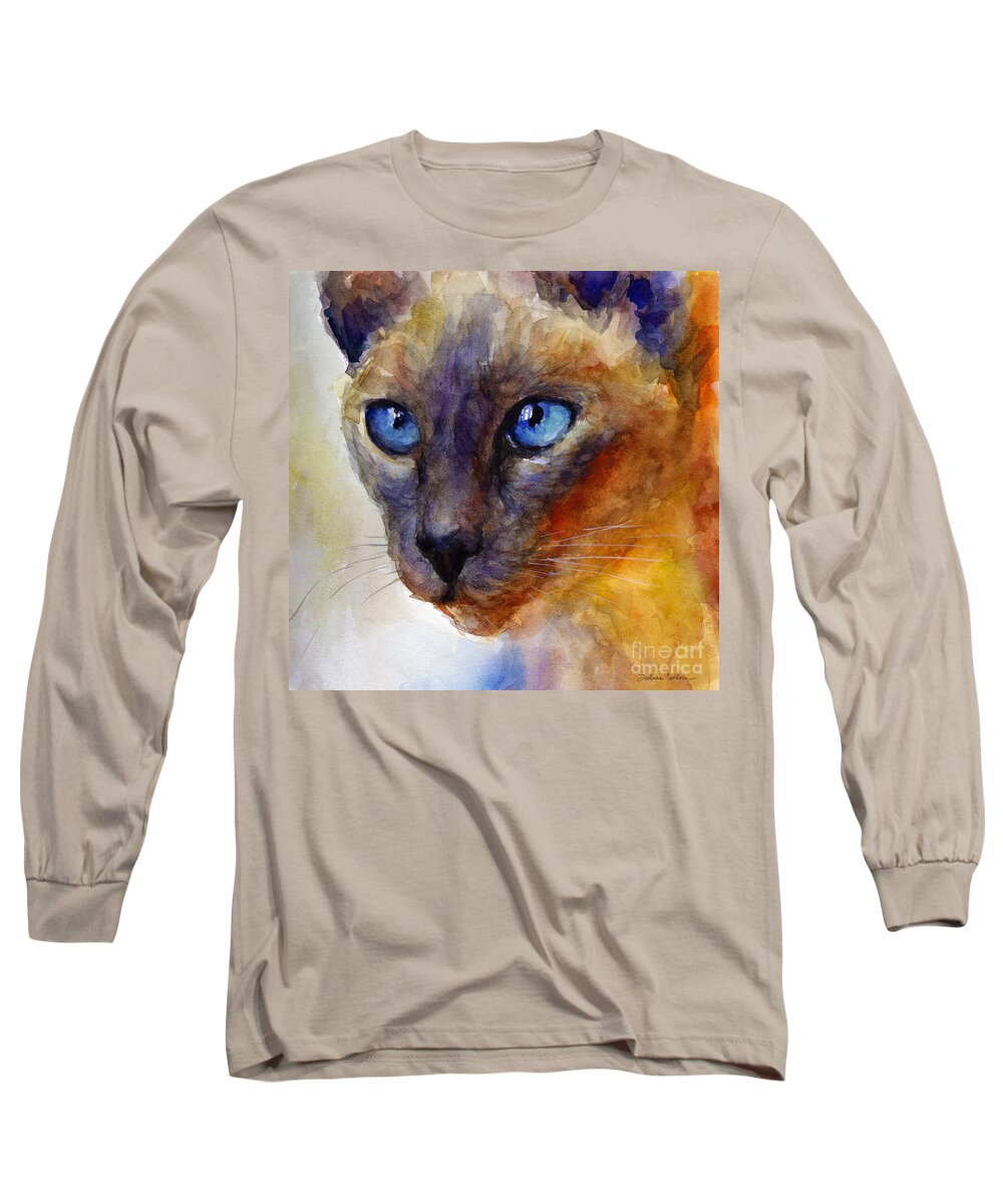 Siamese Cat Art Long Sleeve T-Shirt featuring the painting Intense Siamese Cat painting print 2 by Svetlana Novikova