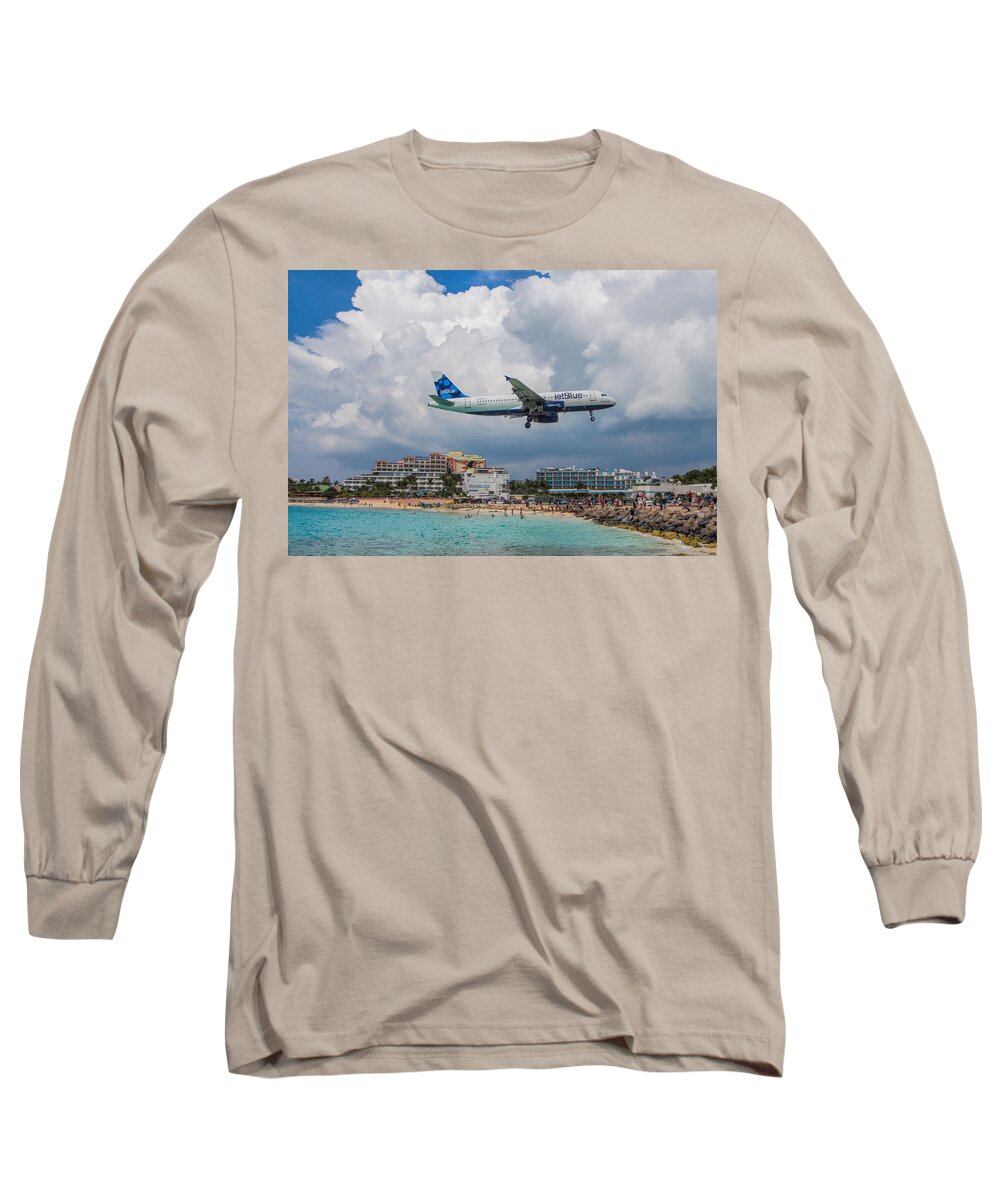 Etblue Long Sleeve T-Shirt featuring the photograph jetBlue in St. Maarten by David Gleeson