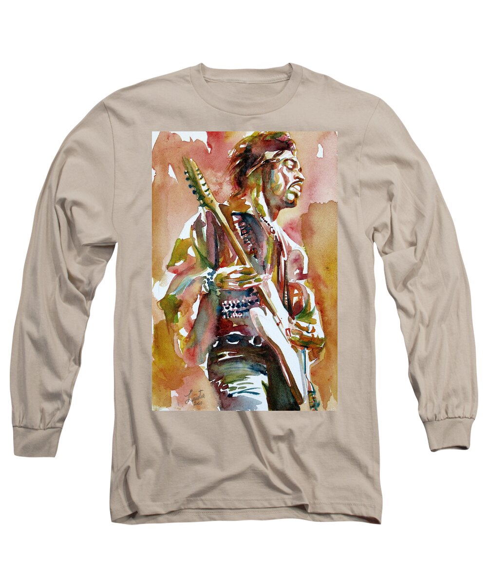 Jimi Long Sleeve T-Shirt featuring the painting Jimi Hendrix Playing The Guitar Portrait.3 by Fabrizio Cassetta