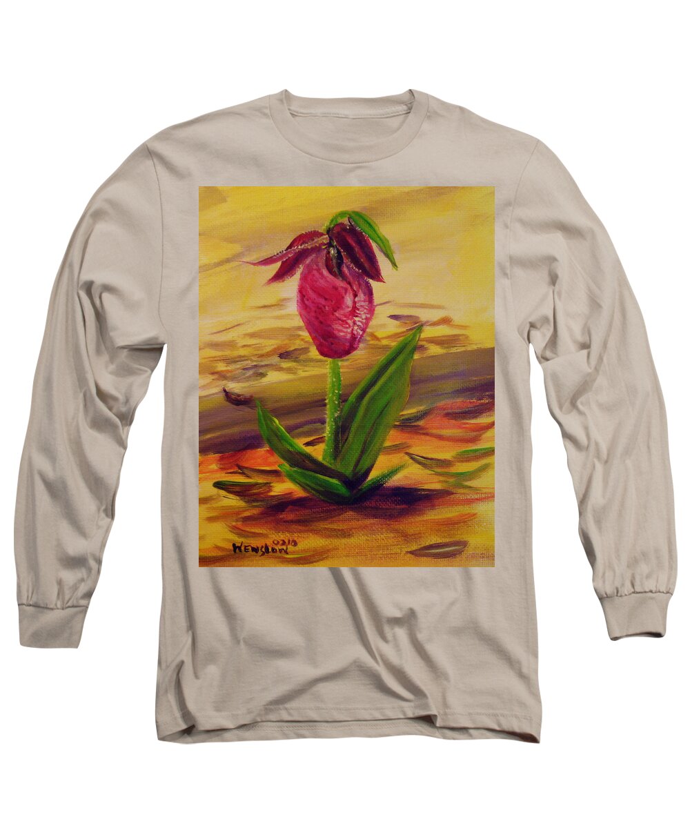 Lady-slipper Long Sleeve T-Shirt featuring the painting Lady's Slipper by Wayne Enslow