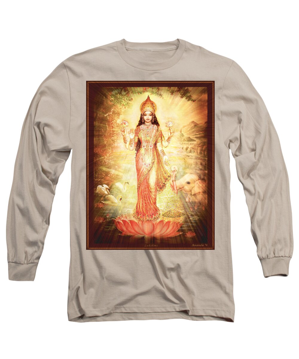 Goddess Long Sleeve T-Shirt featuring the mixed media Lakshmi Goddess of Fortune vintage by Ananda Vdovic