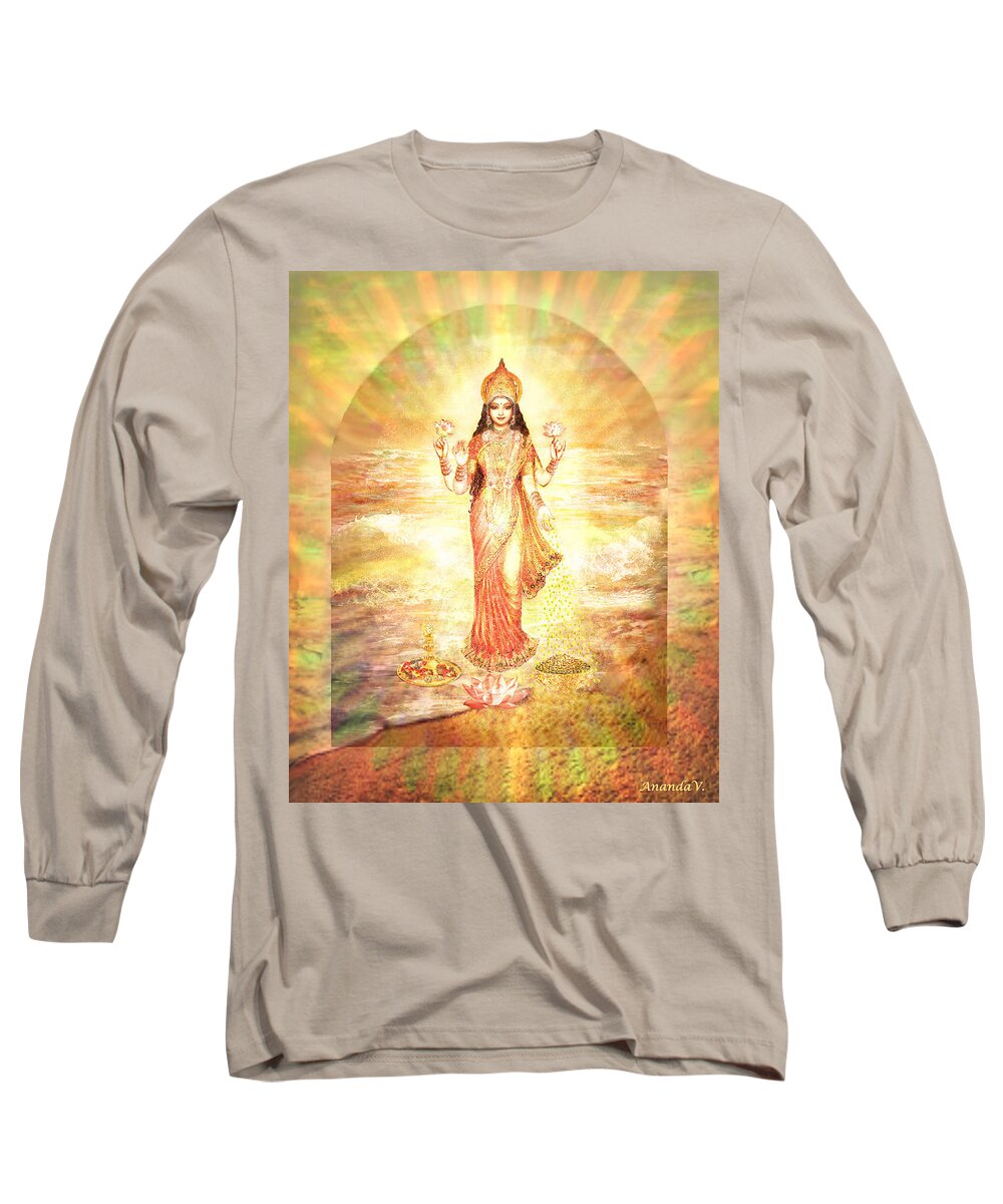Goddess Long Sleeve T-Shirt featuring the mixed media Lakshmis Birth from the Milk Ocean by Ananda Vdovic