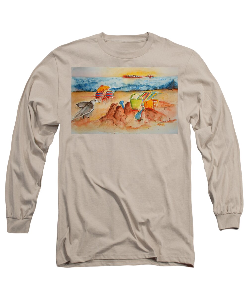 Jersey Shore Long Sleeve T-Shirt featuring the painting Late Afternoon Beach by Elaine Duras
