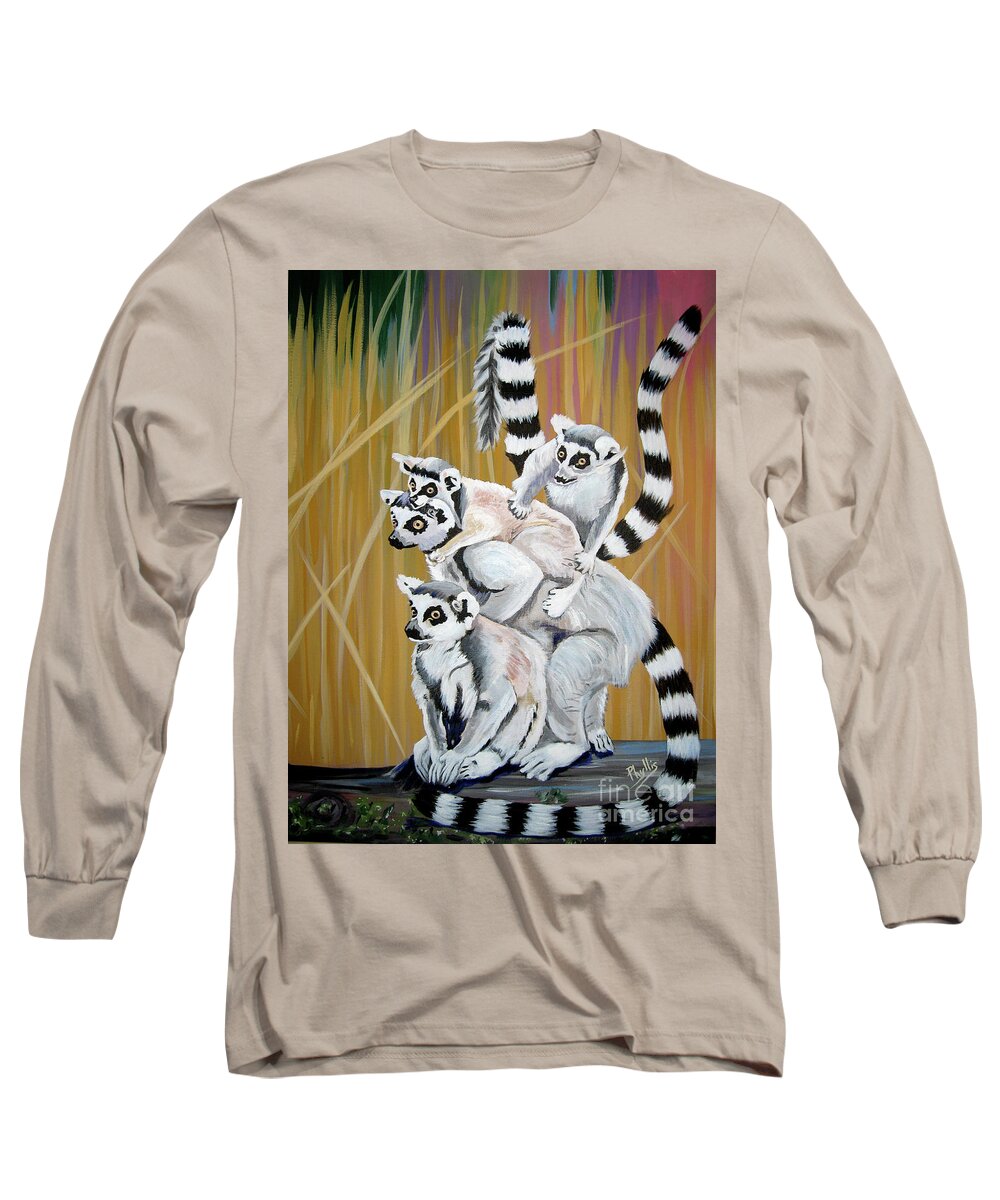 Lemurs Long Sleeve T-Shirt featuring the painting Leapin Lemurs by Phyllis Kaltenbach