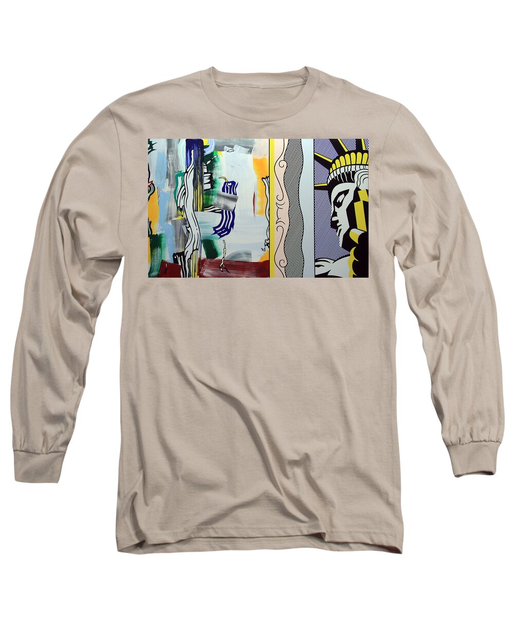 Painting With Statue Of Liberty Long Sleeve T-Shirt featuring the photograph Lichtenstein's Painting With Statue Of Liberty by Cora Wandel