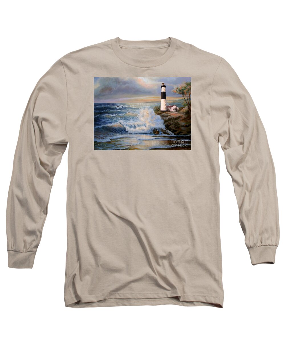  Big Sable Point Michigan Lighthouse Oil Painting Long Sleeve T-Shirt featuring the painting Big Sable Point Lighthouse with crashing waves by Regina Femrite