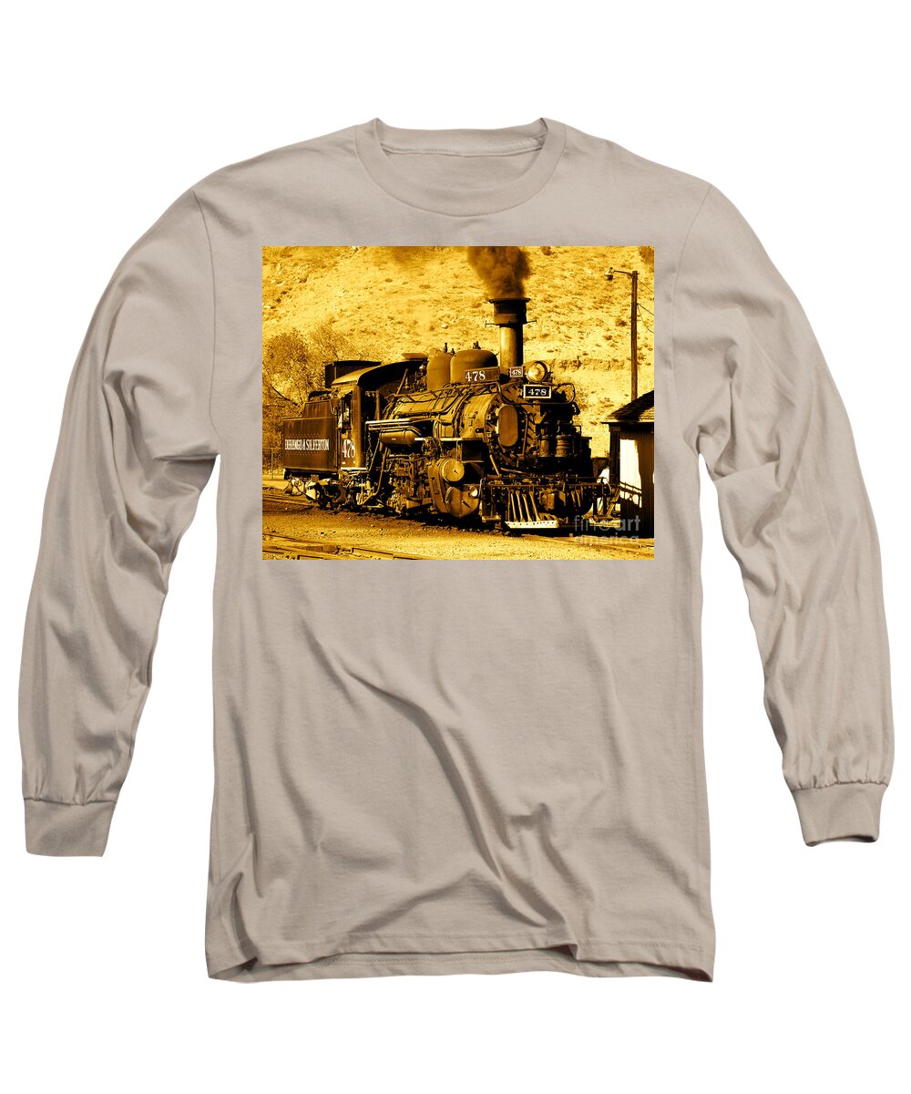 Locomotive Train Coal Burning Engine Long Sleeve T-Shirt featuring the photograph Sepia Locomotive Coal Burning Train Engine  by Jerry Cowart