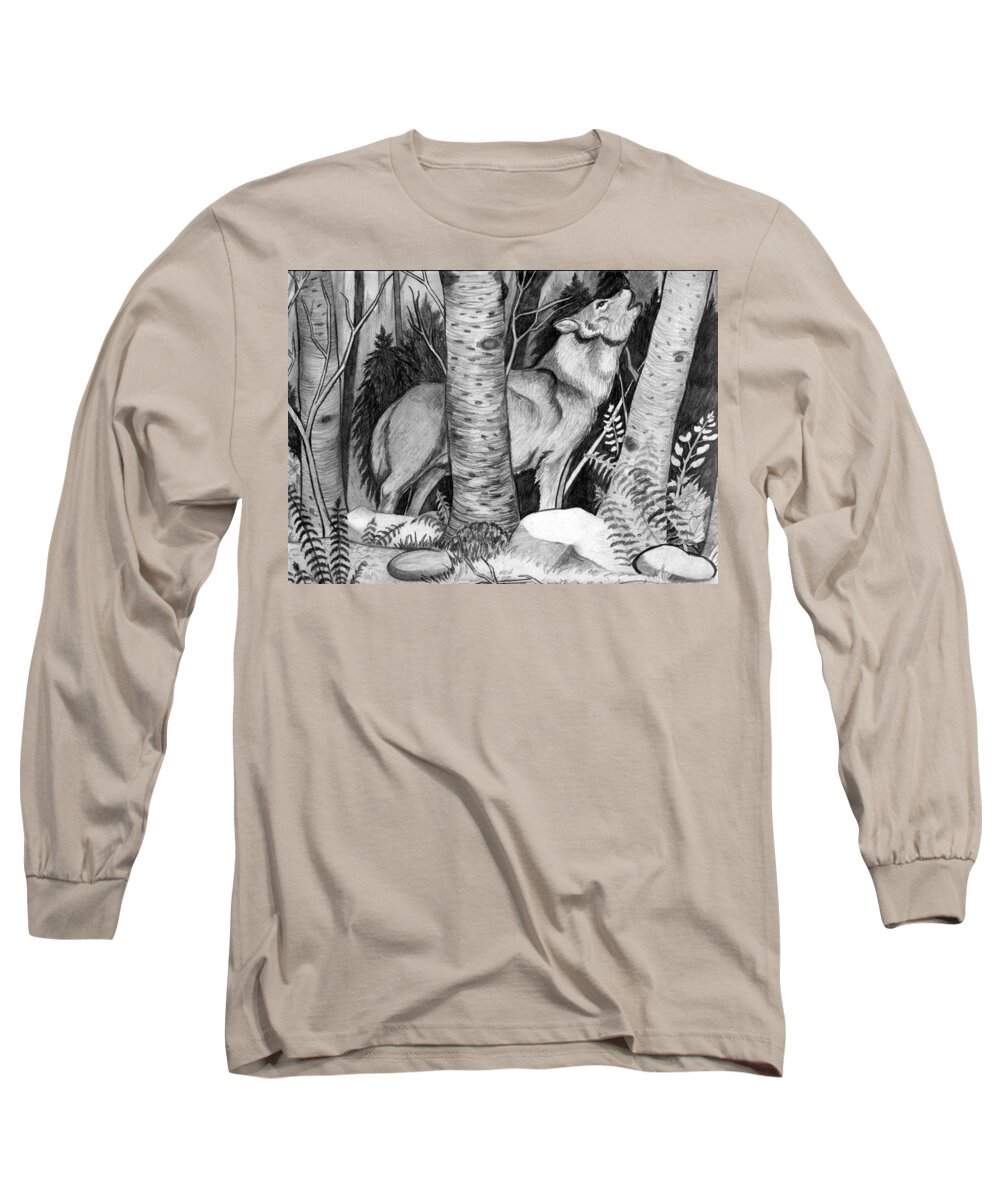 Pencil Drawing Long Sleeve T-Shirt featuring the drawing Lone Wolf by Anthony Seeker