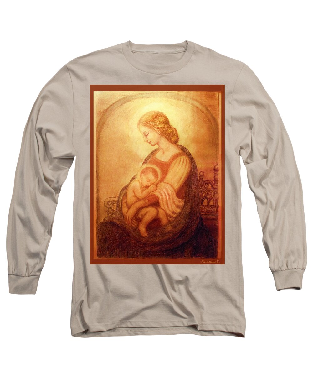 Madonna And Child Long Sleeve T-Shirt featuring the mixed media Madonna with the sleeping child by Ananda Vdovic