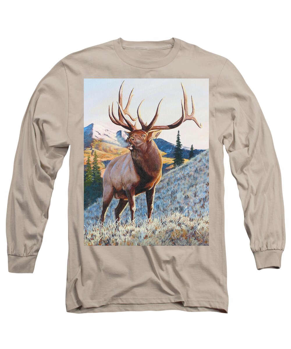 Bugling Bull Elk Long Sleeve T-Shirt featuring the painting Mary's River Morning by Darcy Tate