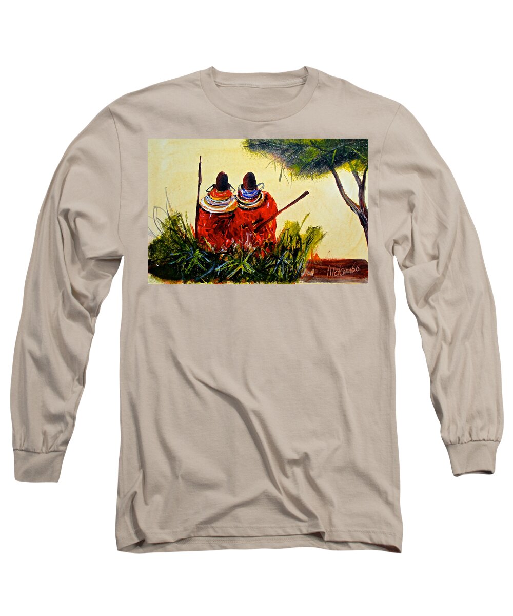 African Paintings Long Sleeve T-Shirt featuring the painting N 43 by John Ndambo